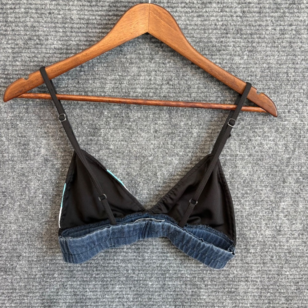 AQ Sport Womens Bralette Top Black Denim Mesh 90 Patch Teal Stripe Size Medium - Picture 2 of 3